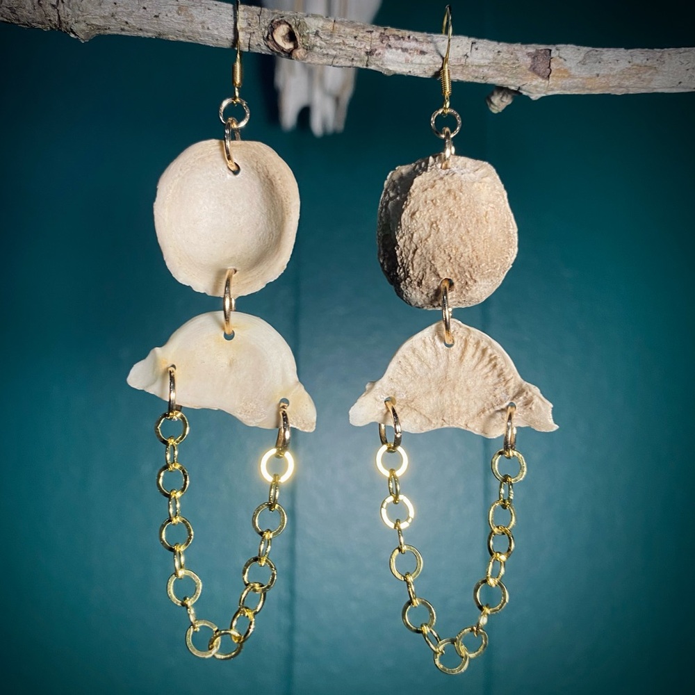 Deer Vertebrae Bone Pieces Gold Chain Earrings